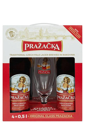 набор пиво prazecka 4% светлое с бокалом 4х0.5 л