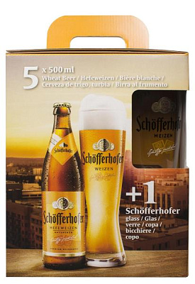 набор пиво schofferhofer hefeweizen светлое н/ф 5% 5шт с бокалом 0.5 л